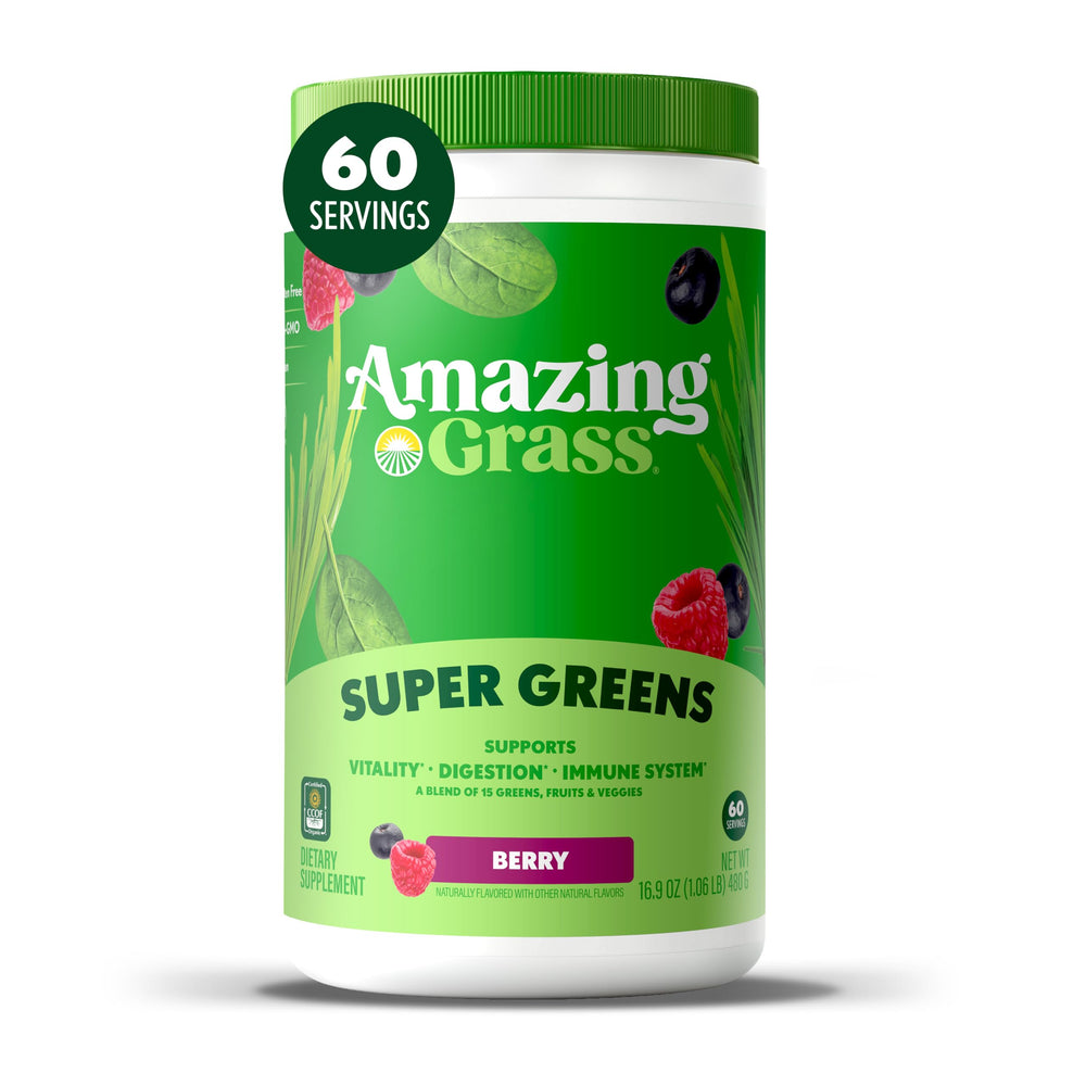 Amazing Grass Greens Blend bottle with berry powder for daily nutrient boost.