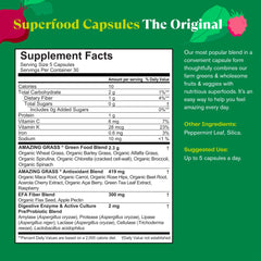 Amazing Grass Greens Blend capsules being poured for easy daily use.