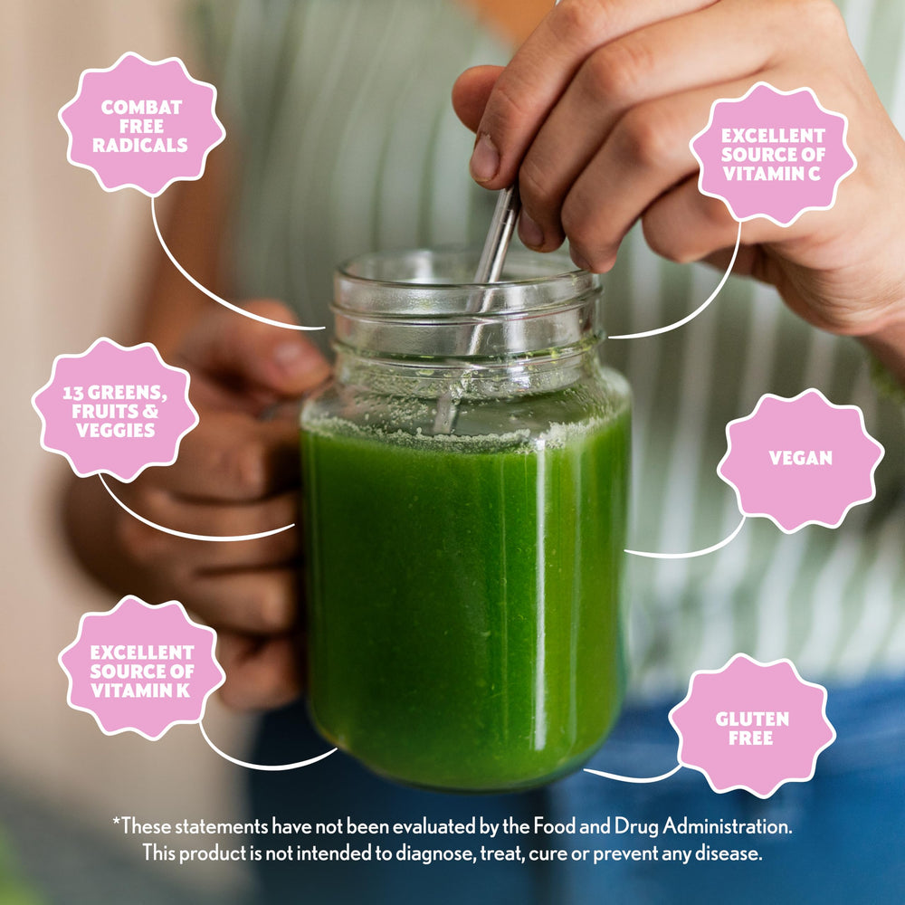 Amazing Grass Greens Blend packaging label highlights ingredients and serving size.