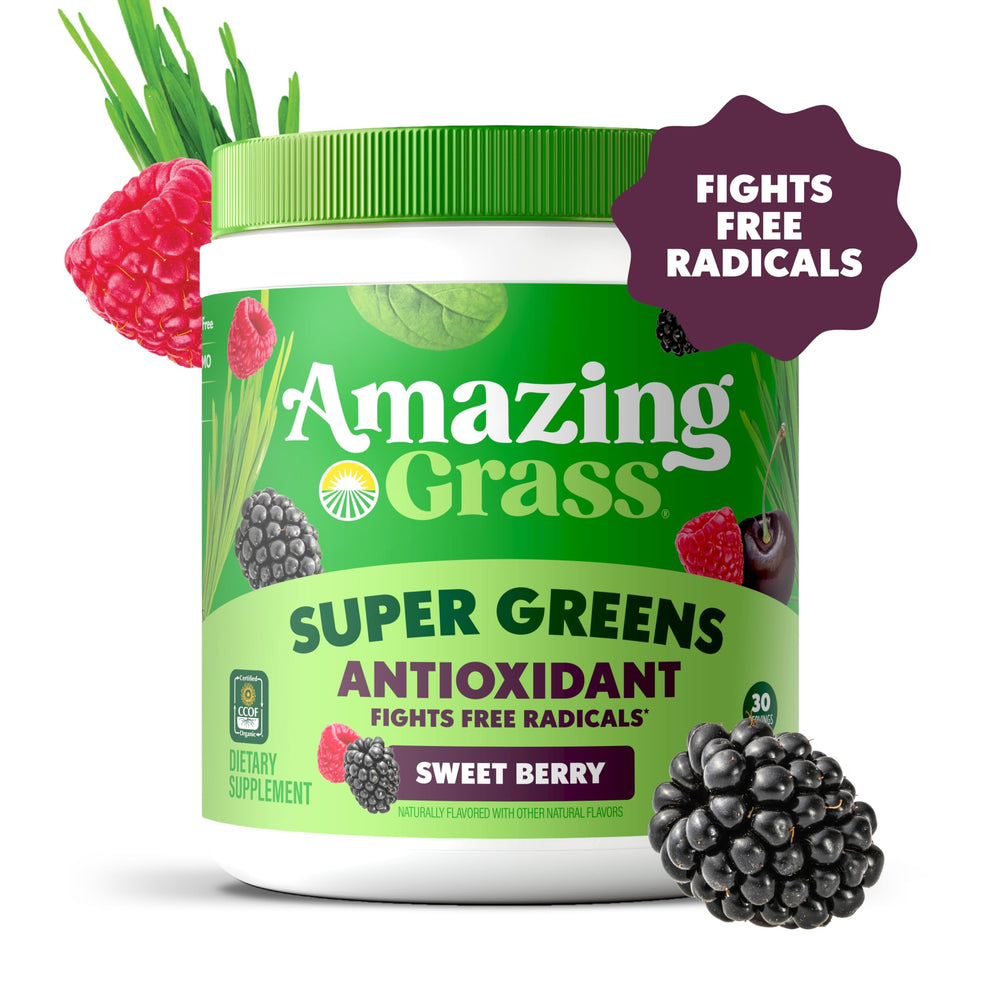 Amazing Grass Greens Blend scoop ready to mix into water for a nutrient boost.