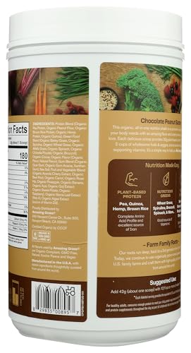 Amazing Grass Organic Plant Protein Blend bottle side highlighting organic protein sources for vegan nutrition