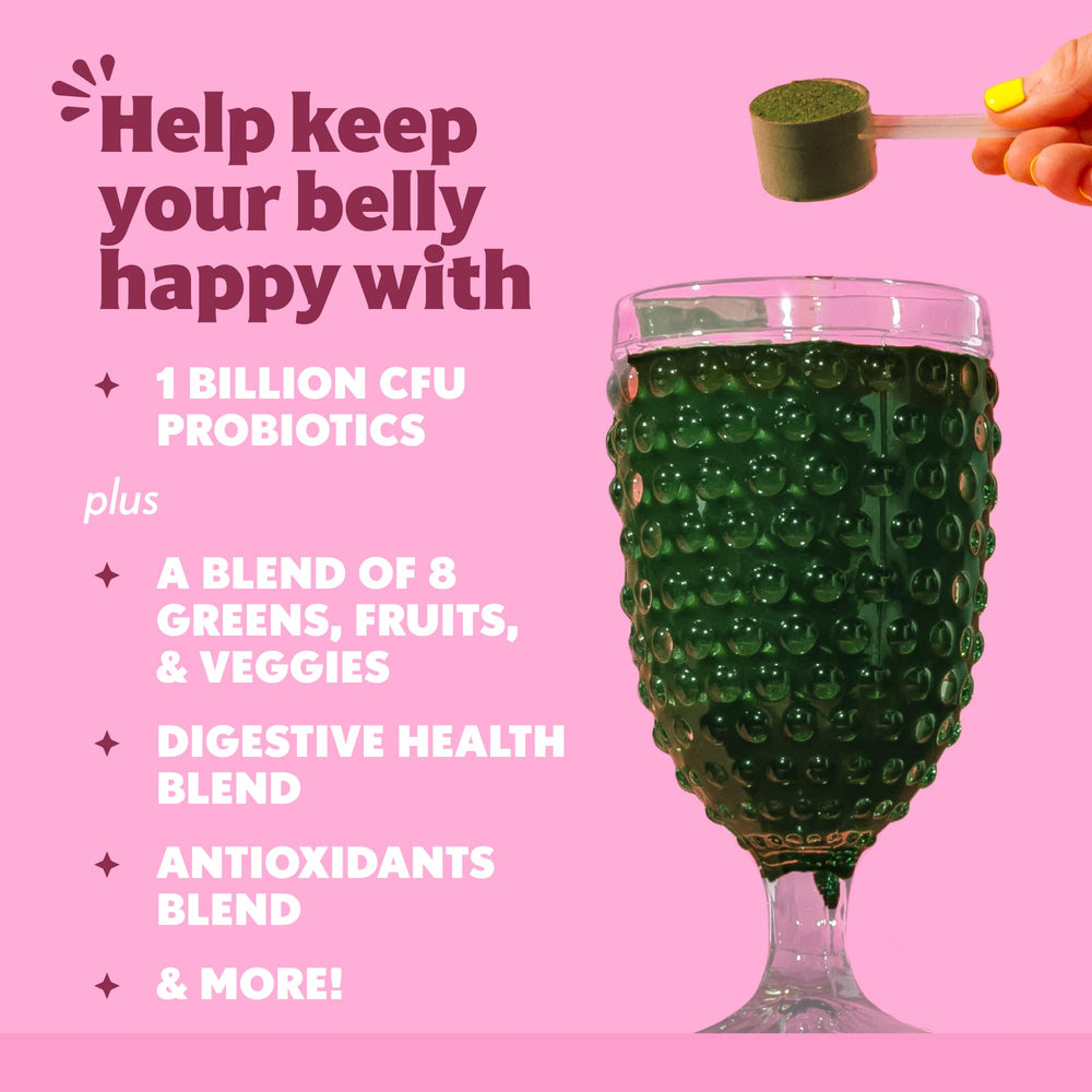 Amazing Grass Spirulina-Chlorella powder bottle highlighted as nutrient-rich greens.