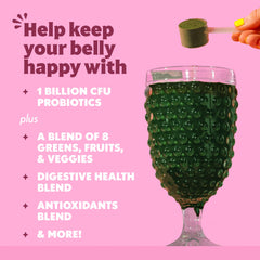 Amazing Grass Spirulina-Chlorella powder bottle highlighted as nutrient-rich greens.