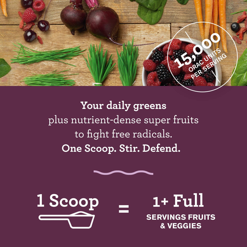 Amazing Grass Sweet Berry Powder in a glass with berries for a refreshing flavor boost