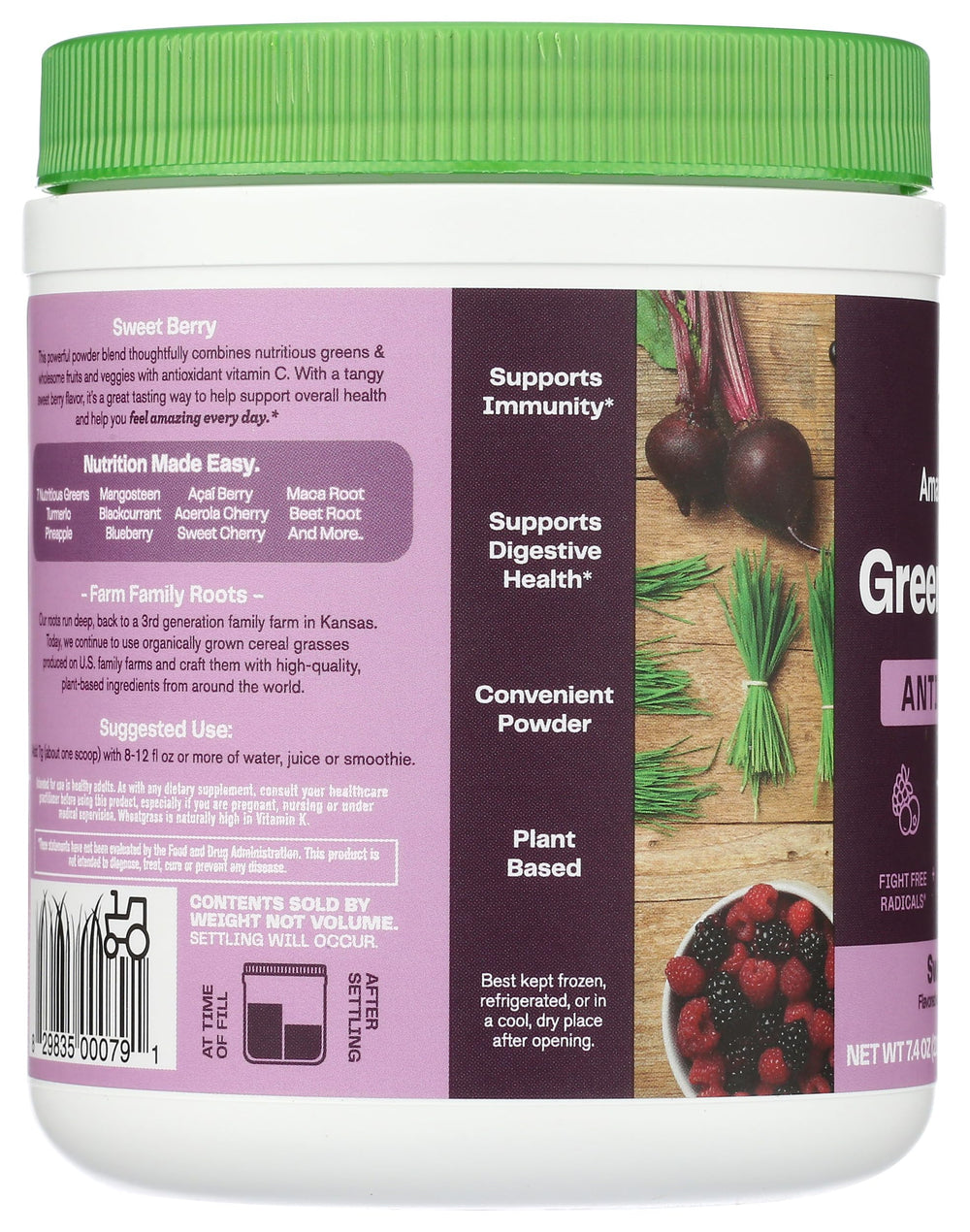 Amazing Grass Sweet Berry Powder beside a spoon for easy measuring