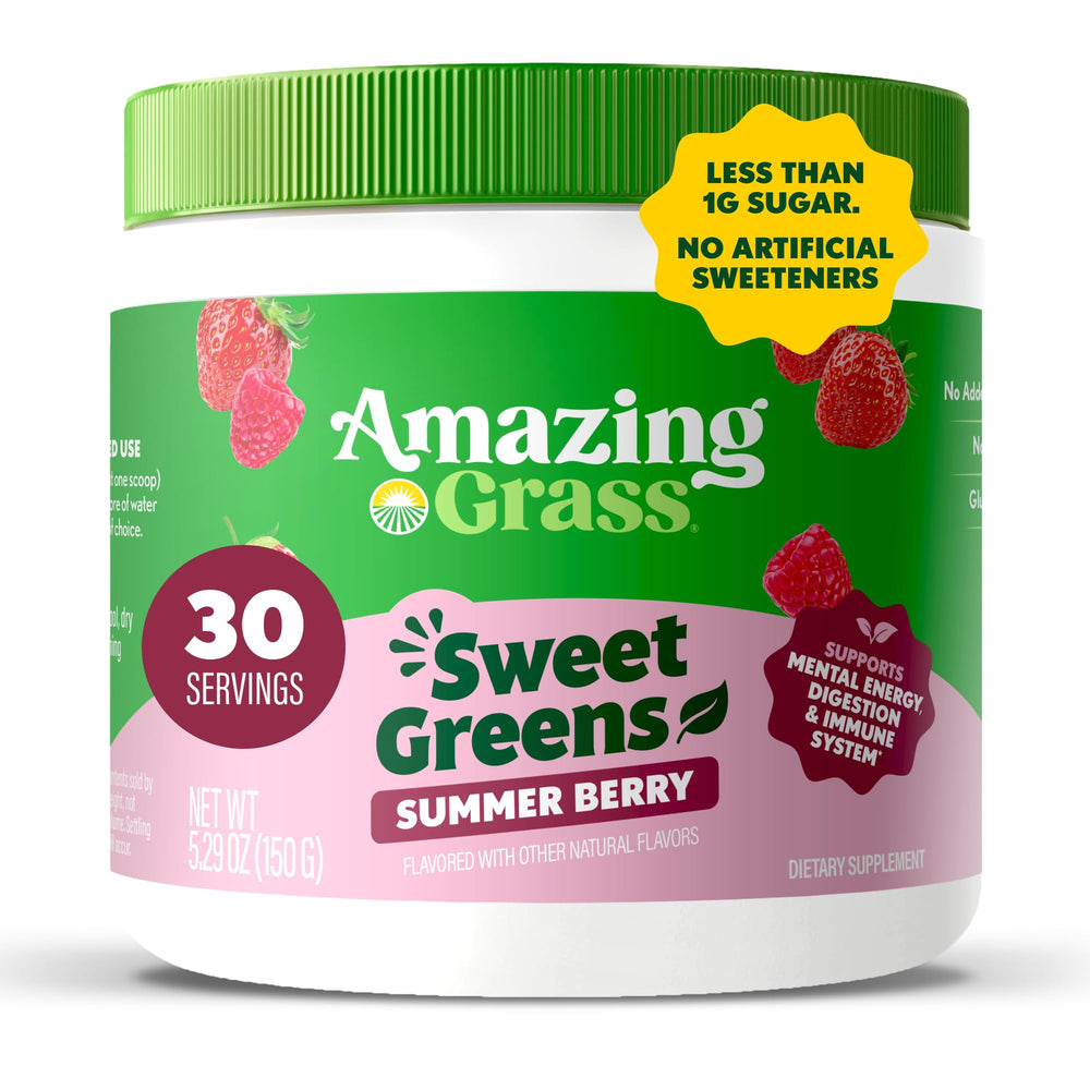 Amazing Grass Sweet Greens Summer Berry tub with scoop supports digestion.