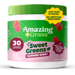 Amazing Grass Sweet Greens Summer Berry tub with scoop supports digestion.