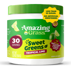 Amazing Grass Sweet Greens Tropical Lime bottle on the counter for daily wellness