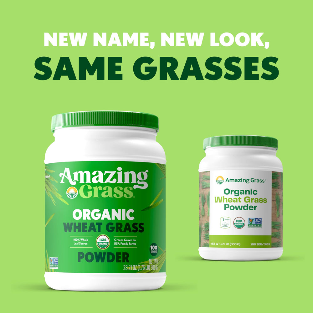 Amazing Grass Wheat Grass Powder in a glass highlighting chlorophyll-rich nutrition.