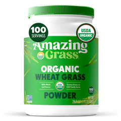 Amazing Grass Wheat Grass Powder tub showing 100 servings for daily greens.