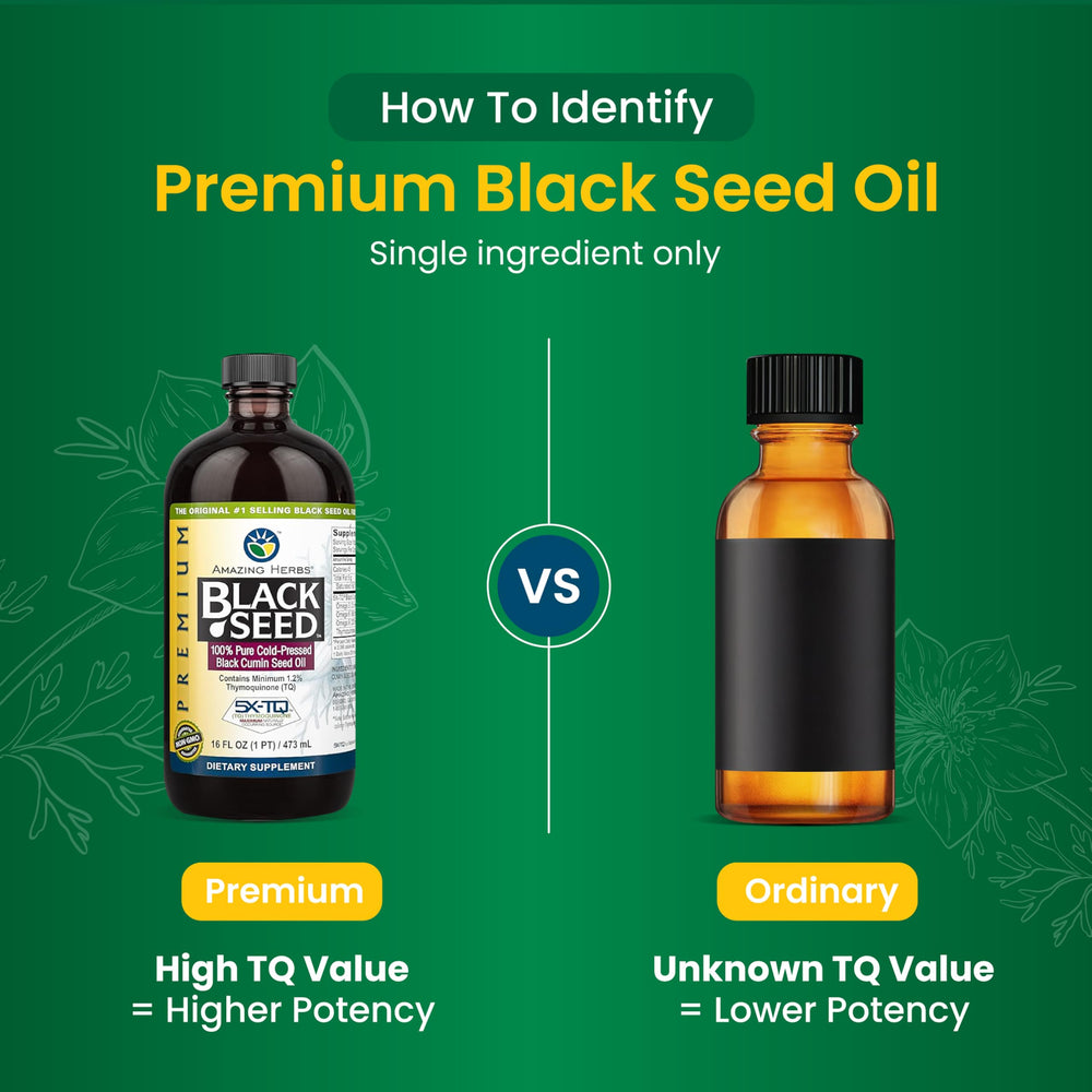 Amazing Herbs Black Seed Oil label close-up highlighting cold-pressed extraction