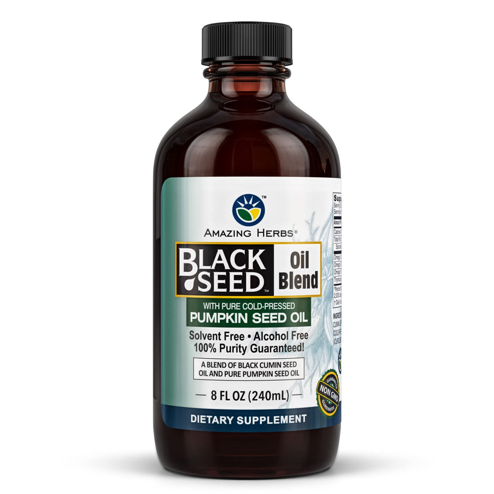 Amazing Herbs black seed and pumpkin seed oil blend bottle on wood shelf for daily wellness