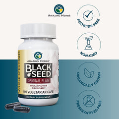 Amazing Herbs Nigella Sativa capsules shown with label for digestive and heart support.