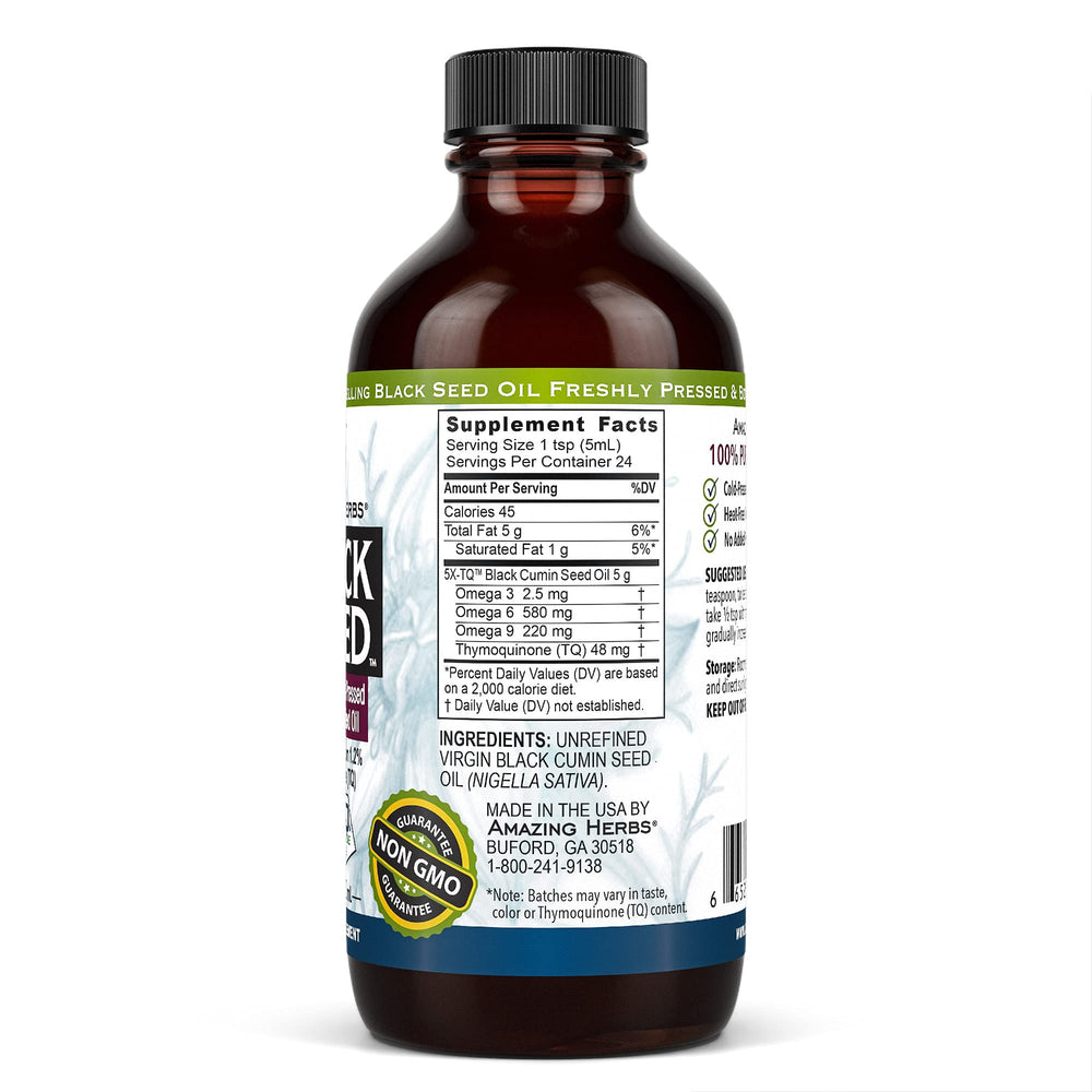Amazing Herbs Black Seed Oil label notes omega 3/6/9 content.