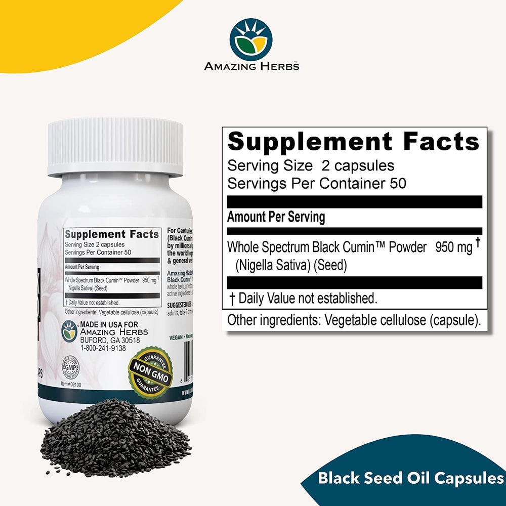 Amazing Herbs black seed capsules on kitchen counter for convenient daily use.