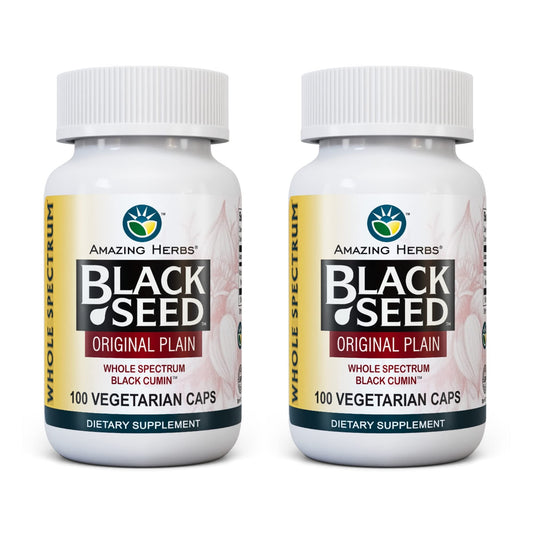 Amazing Herbs Whole Spectrum Black Seed capsules on bottle showing digestive-friendly formula.
