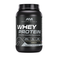 Amazing Muscle vanilla whey protein bottle highlights fast-absorbing protein for workouts.