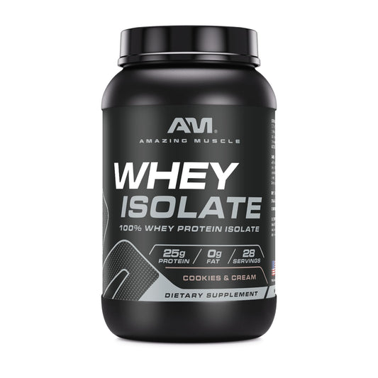 Amazing Muscle Whey Isolate packaging in Cookies & Cream for easy flavor choice