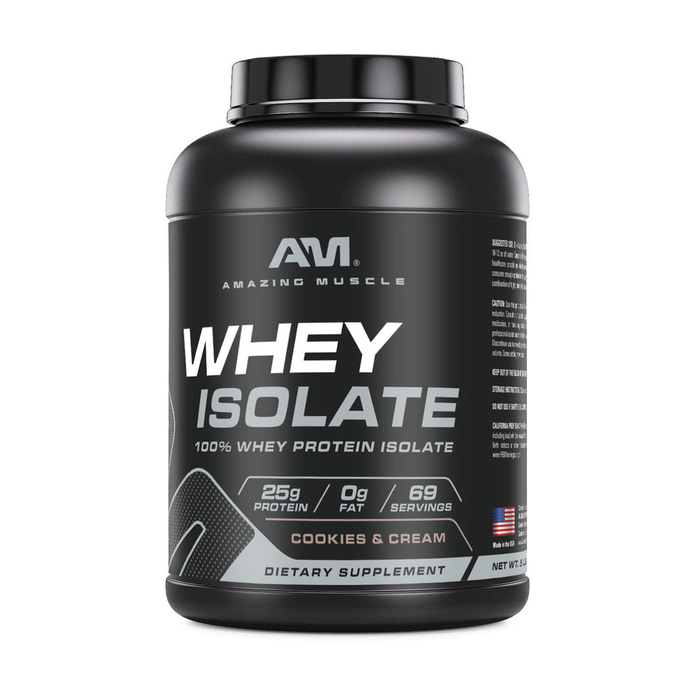 Amazing Muscle Whey Isolate powder pour highlighting 25 g protein per serving