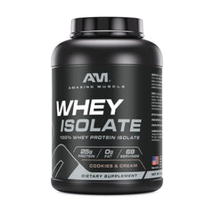 Amazing Muscle Whey Isolate powder pour highlighting 25 g protein per serving