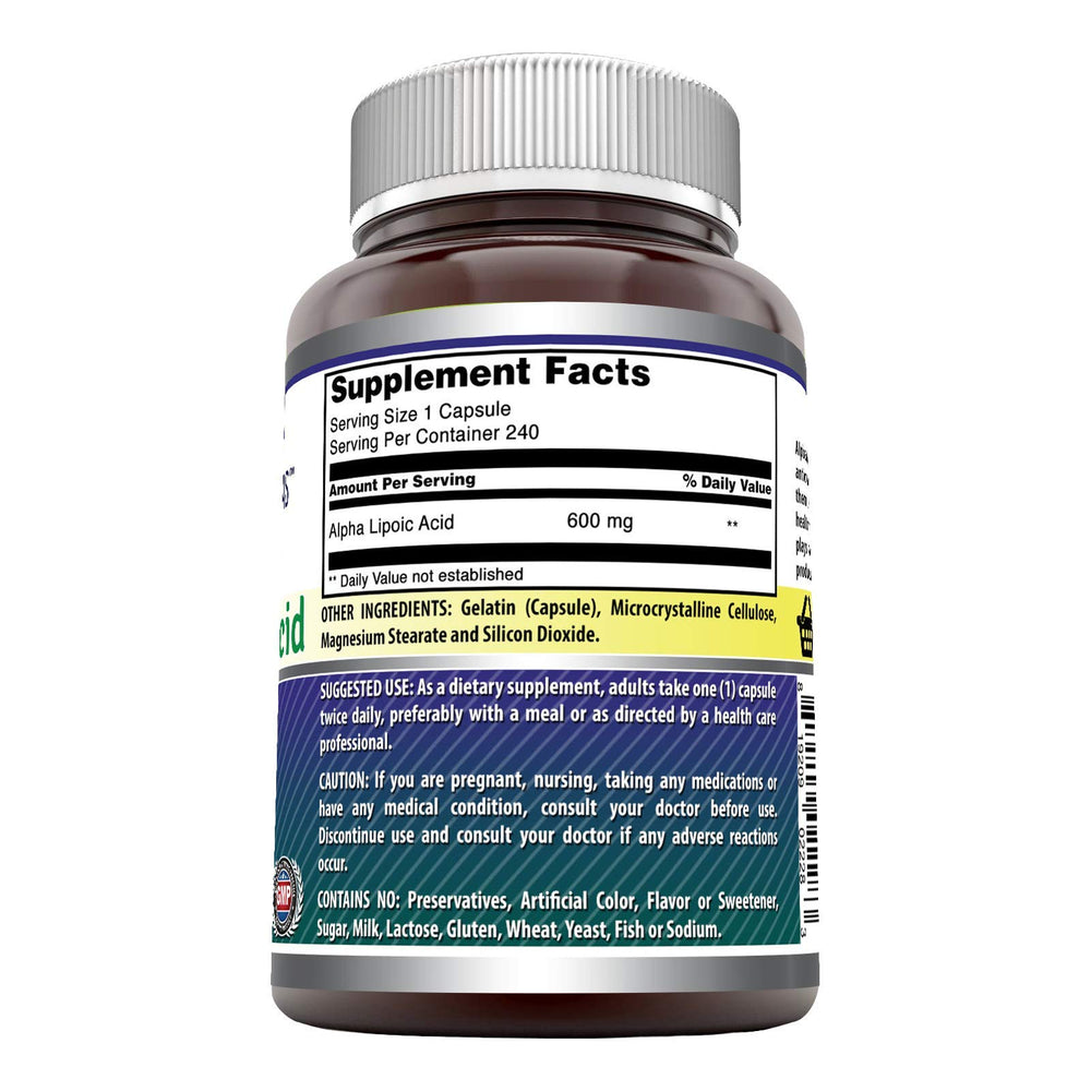 Amazing Nutrition Alpha Lipoic Acid label emphasizing GMP manufacturing and USA production