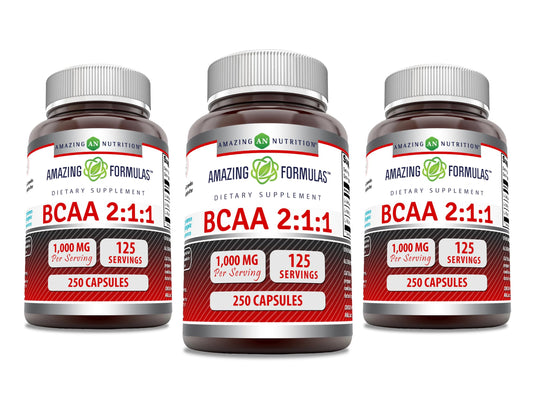 Amazing Formulas BCAA capsules in bottle for daily use.