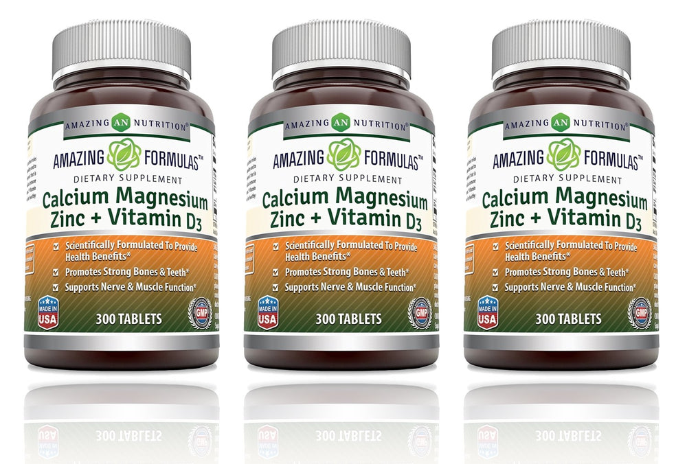 Amazing Nutrition Amazing Formulas calcium magnesium zinc with vitamin D3 bottle for daily bone support.
