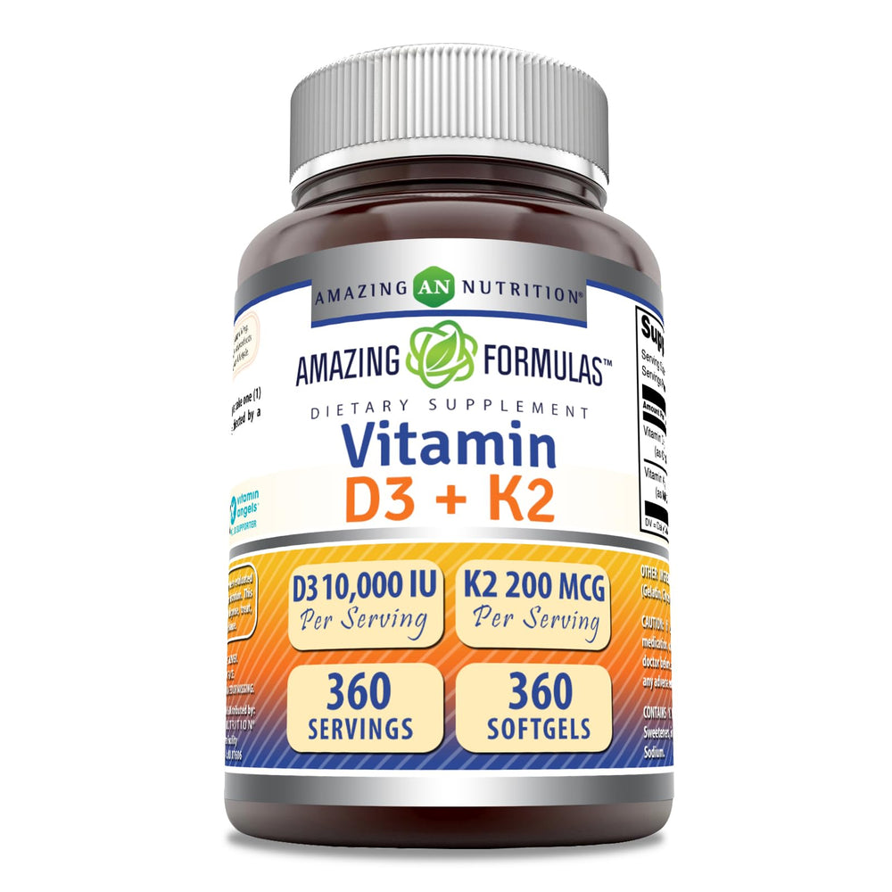 Amazing Formulas D3 K2 bottle front shows 360-count daily supply
