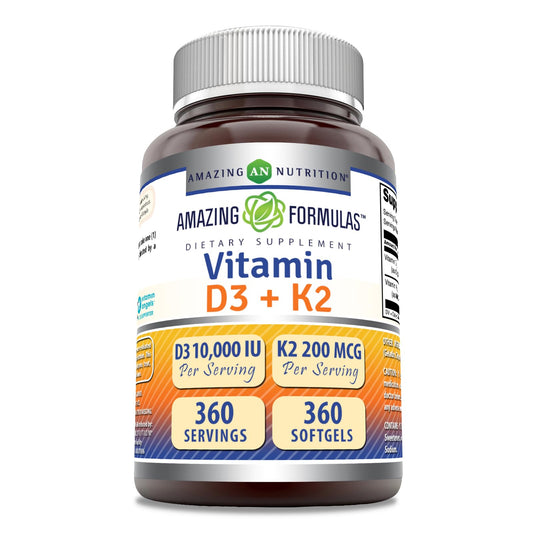 Amazing Formulas D3 K2 bottle front shows 360-count daily supply