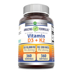 Amazing Formulas D3 K2 bottle front shows 360-count daily supply