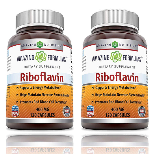 Amazing Nutrition Amazing Formulas riboflavin 400mg bottle highlights non-GMO and gluten-free daily support