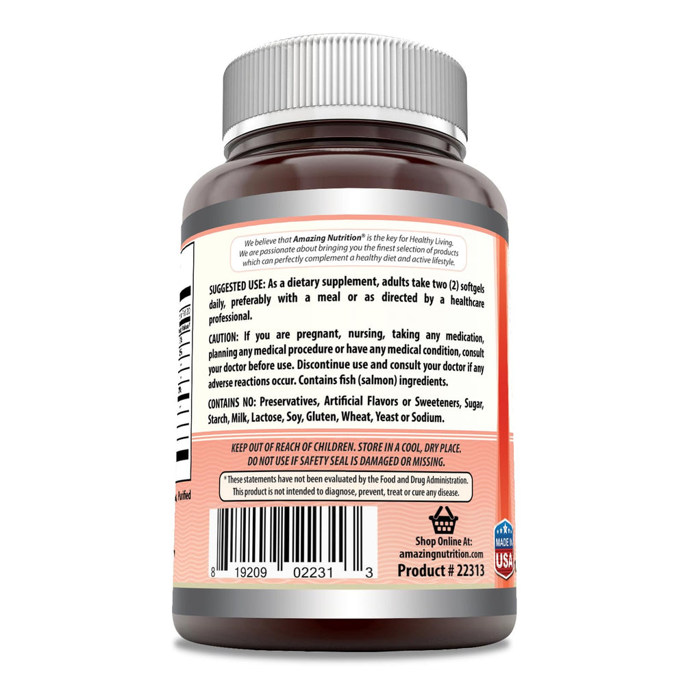 Amazing Nutrition Amazing Omega Wild Salmon Oil softgels packaging shows USA-made, third-party tested quality