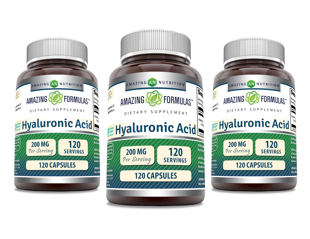Amazing Nutrition Hyaluronic Acid capsules bottle front for daily hydration potential.