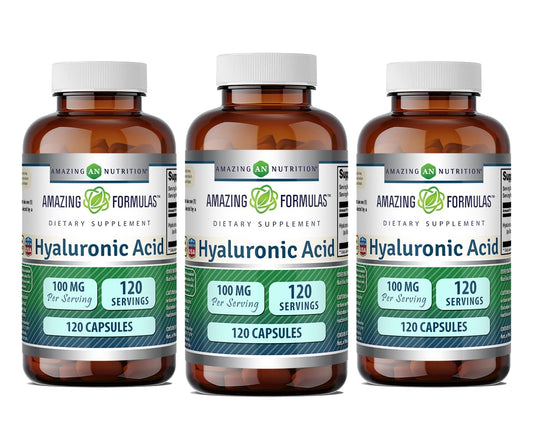 Amazing Nutrition Hyaluronic Acid bottle showing daily hydration support.