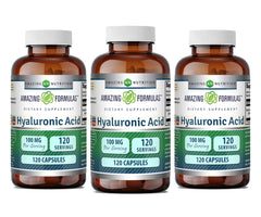 Amazing Nutrition Hyaluronic Acid bottle showing daily hydration support.