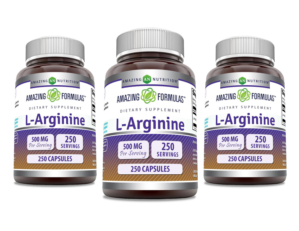 Amazing Nutrition L-Arginine bottle shows 500 mg per serving for daily support