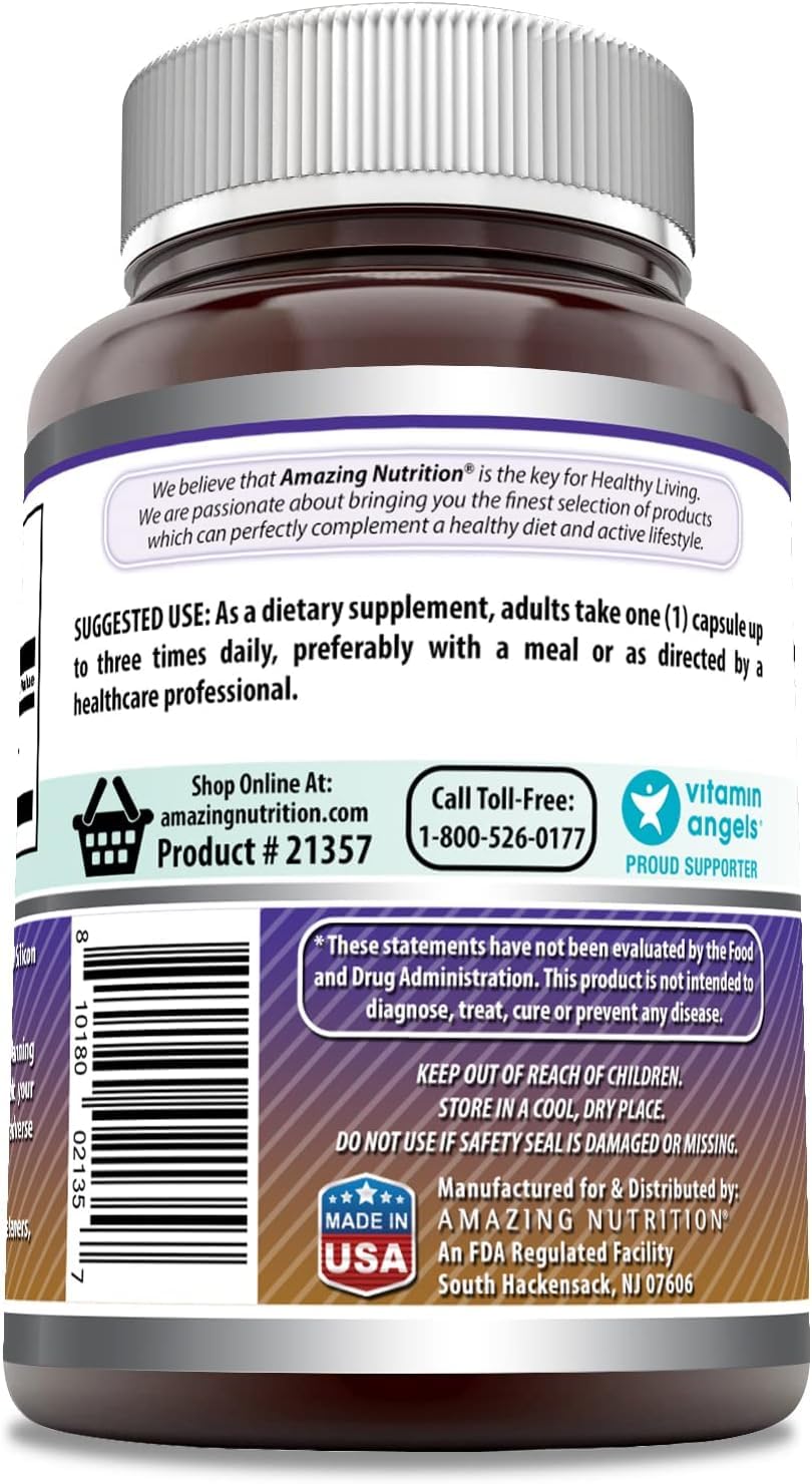 Label on Amazing Nutrition L-Arginine bottle highlights GMP manufacturing