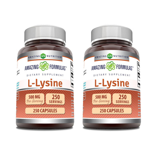 Amazing Nutrition L-Lysine 500 mg capsules bottle front for easy daily use.