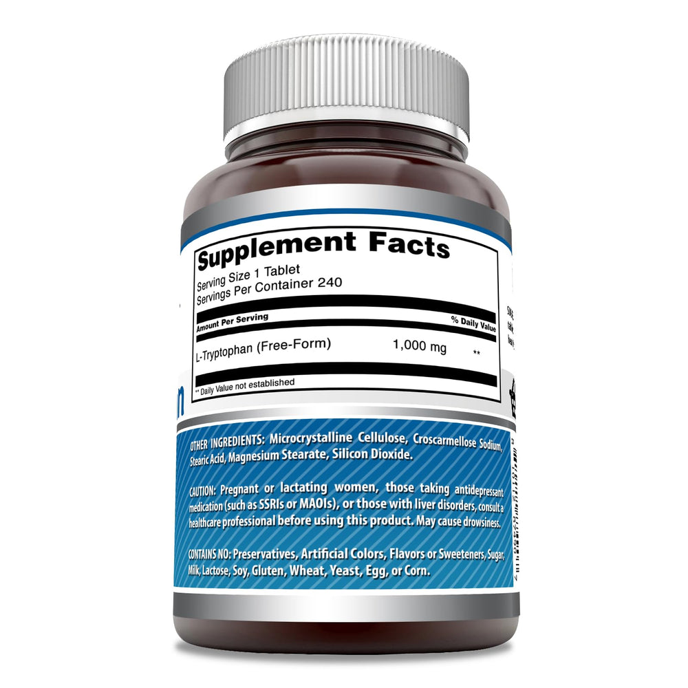 Amazing Nutrition L-Tryptophan 1000mg tablets being poured for easy daily serving.