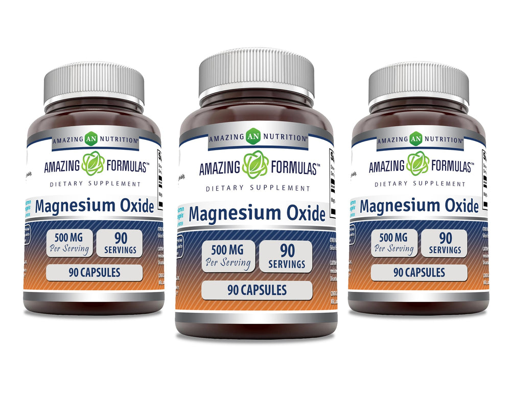 Amazing Nutrition magnesium oxide 500mg bottle, easy-to-take capsules for daily wellness.