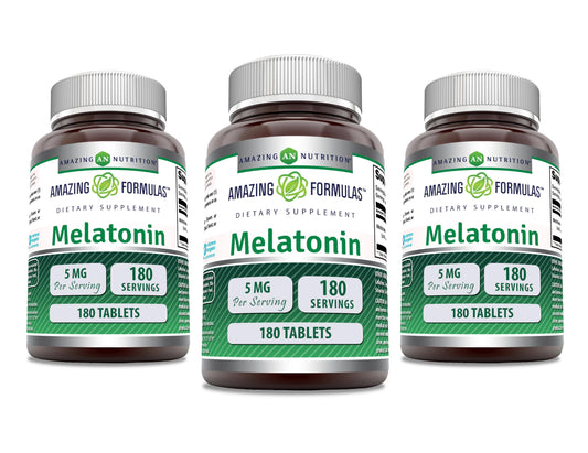 Amazing Nutrition Melatonin 5 mg tablets bottle promotes a calmer nightly routine.