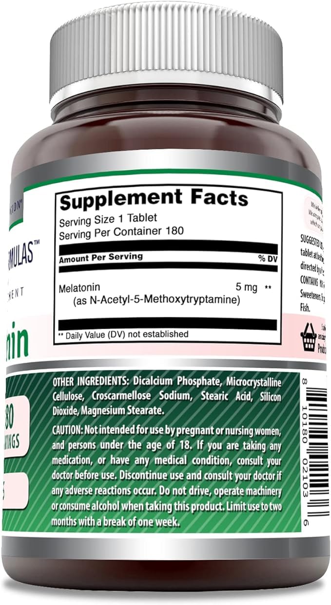 Amazing Nutrition Melatonin 5 mg tablets label highlights Non-GMO and gluten-free formula.
