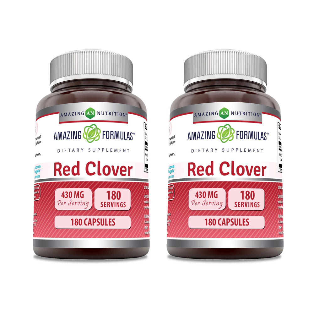 Amazing Nutrition red clover supplement bottle showing 430 mg per capsule and gluten-free formula.