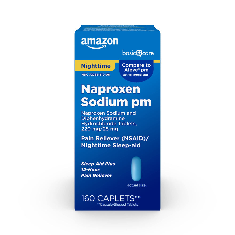Amazon Basic Care All Night Pain Relief PM bottle caplets for nighttime relief