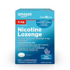 Amazon Basic Care coated ice mint lozenge pack for discreet on-the-go craving relief.