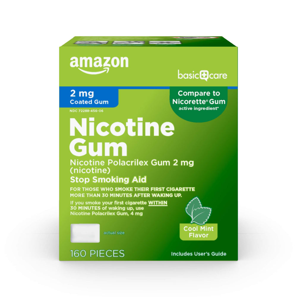Amazon Basic Care coated nicotine gum 2 mg mint tin supports cravings management on the go
