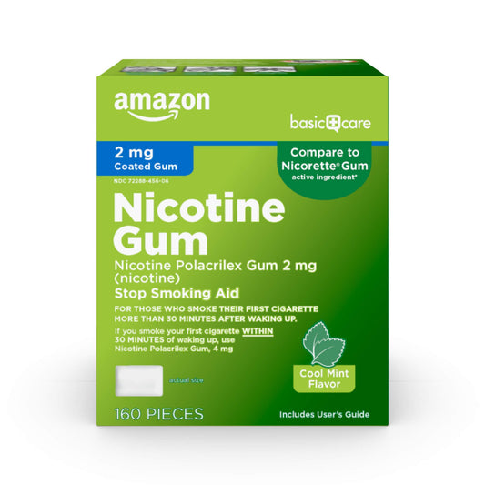 Amazon Basic Care coated nicotine gum 2 mg mint tin supports cravings management on the go