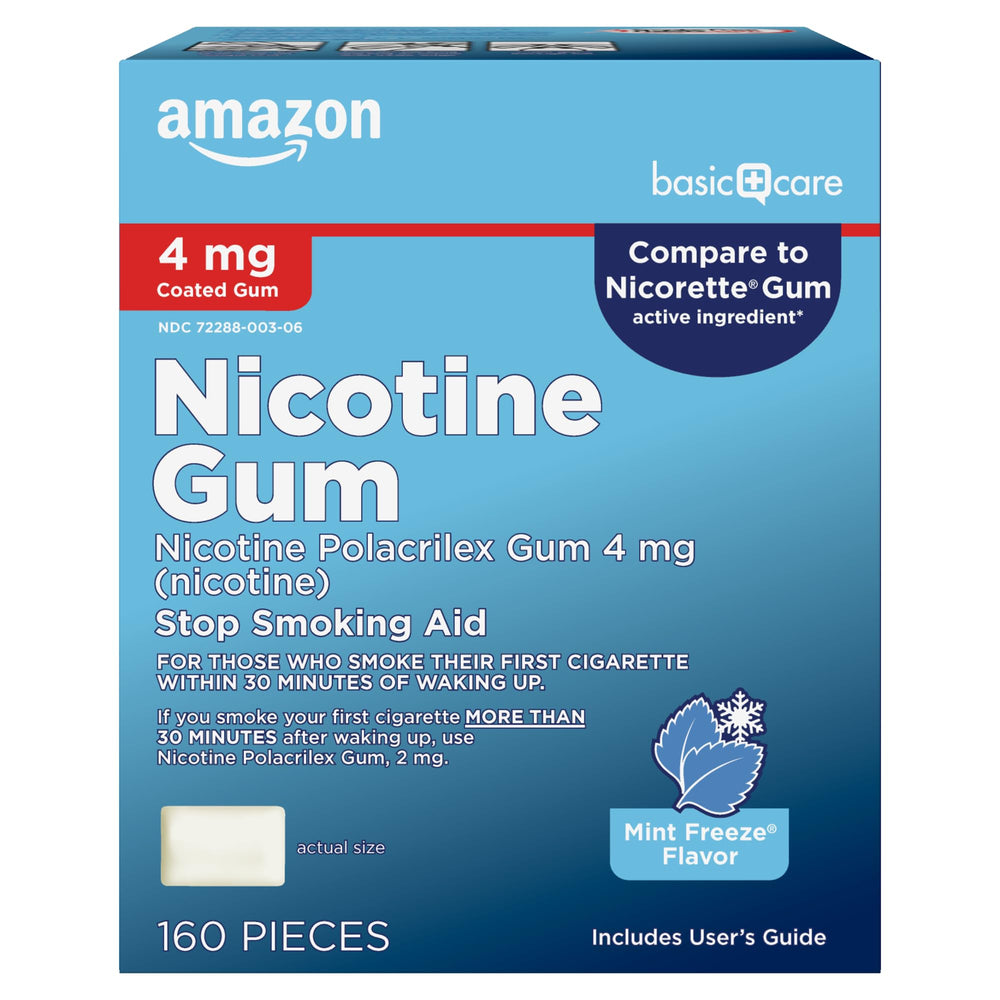 Amazon Basic Care coated nicotine gum 4 mg ice mint packfront reduces cravings.