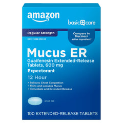 Amazon Basic Care guaifenesin 600 mg bottle promotes 12-hour chest congestion relief.