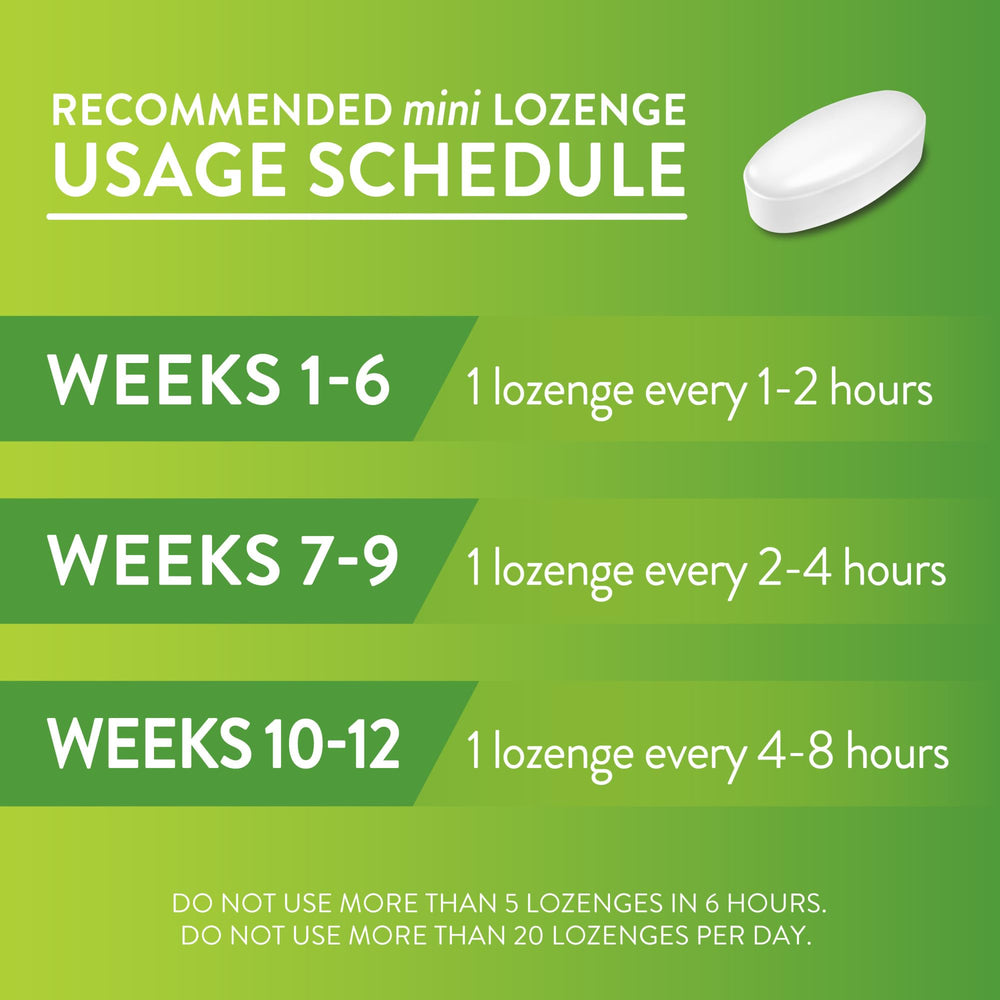 Amazon Basic Care mini nicotine lozenge mint flavor tablet highlighting user-friendly cravings management.
